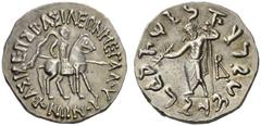 Greek Coins Indo-Skyrthians Vonones, 100-65. Tetradrachm circa 100-90, AR 9.91 g. King seated on horseback r., holding spear. Rev. Zeus standing l., holding thunderbolt and sceptre. Mitchiner, Indogre
