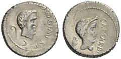Roman Republican Coins Marcus Antonius. Denarius, Gallia Cisalpina 43, AR 3.96 g. M ANTON IMP R·P·C Bearded head of Mark Antony r.; behind, lituus . Rev. CAESAR DIC Laureate head of Caesar r.; behind,