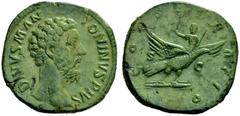 The Roman Empire Marcus Aurelius augustus, 161 – 180 Divus Marcus Aurelius. Sestertius after 180, Æ 25.95 g. Bare head r. Rev. Divus Marcus Aurelius, holding sceptre and raising r. hand, seated on bac