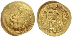 The Byzantine Empire Constantine IX Monomachus, 1042 – 1055 Histamenon 1042-1055, AV 4.44 g. Christ, nimbate, enthroned facing raising r. hand in benediction and holding book of Gospels. Rev. Bust fac