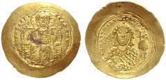 The Byzantine Empire Constantine IX Monomachus, 1042 – 1055 Histamenon 1042-1055, AV 4.46 g. Christ, nimbate, enthroned facing raising r. hand in benediction and holding book of Gospels. Rev. Bust fac