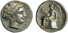 JDL Collection Part II: Geek Coins ITALY BRUTTIUM TERINA, Nomos c. 380 BC, South-Italian standard, AR 6.23 g. Obv. TEΡINAIΛN Head of the nymph Terina right, wavy hair turned up, wearing triple-drop ea