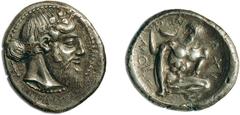 JDL Collection Part II: Geek Coins SICILY NAXOS, Tetradrachm c. 460, Attic standard, AR 16.85 g. Work attributed to ”The Brussels Master”, also called ”The Aetna Master”. Obv. Bearded head of Dionysus