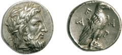 JDL Collection Part II: Geek Coins PELOPONNESUS. ELIS. OLYMPIA, Stater c. 340, 110th Olympiad, Aeginetic standard, AR 12.29 g. Obv. Laureate and bearded head of Zeus right. Rev. F-A/A-P Eagle standing