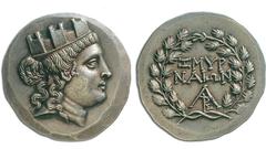 JDL Collection Part II: Geek Coins ASIA. IONIA. SMYRNA, Tetradrachm after 190, Attic standard, AR 16.92 g. Obv. Turreted head of Cybele right, long hair in three braids, the one in the centre tied up 