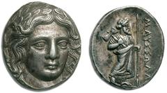 JDL Collection Part II: Geek Coins ASIA. SATRAPS OF CARIA. MAUSSOLLUS, 377–353. Tetradrachm, Halicarnassus 377-353, AR 15.12 g. Obv. Laureate head of Apollo facing three-quarters right, with hair loos