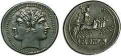 JDL Collection Part II: Roman Coins THE ROMAN REPUBLIC. Anonymous issues. Didrachm or quadrigatus, Rome 225-218, AR 6.61 g. Obv. Laureate head of Janus; border of dots. Rev. ROMA Jupiter in galloping 