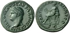 The Roman Empire Nero, 54 – 68 Semis, Lugdunum 65, Æ 5.98 g. NERO CLAVD CAESAR AVG GERM Bare head l., with small globe at point of bust. Rev. PONTIF MAX TR P IMP P P Roma in military attire, wearing h