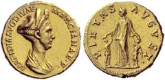 The Roman Empire Matidia, daughter of Marciana Aureus September 112-117, AV 7.20 g. MATIDIA AVG DIVAE – MARCIANAE·F Draped bust r. with double stephane and hair elaborately dressed; she wears a neckla