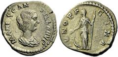 The Roman Empire Manlia Scantilla, wife of Didius Julianus Denarius March-May 193, AR 2.98 g. MANL SCAN – TILLA AVG Draped bust r. Rev. IVNO RE – GINA Juno standing l., holding patera and sceptre; at 