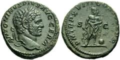 The Roman Empire Caracalla, 198 – 217 As 215, Æ 10.95 g. ANTONINVS PIVS AVG GERM Laureate head r. Rev. P M TR P XVIII COS IIII P P / S – C. Asclepius of Pergamum in himation , chest bare, standing r.,