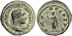The Roman Empire Gordian I, 1 – 22 April 238 Denarius 238, AR 2.64 g. IMP M ANT GORDIANVS AFR AVG Laureate, draped and cuirassed bust r. Rev. P M T–R P COS P P Gordian, laureate and togate, standing l