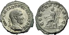 The Roman Empire Pupienus, 22 April – 29 July 238 Denarius 238, AR 2.04 g. IMP C M CLOD PVPIENVS AVG Laureate, draped and cuirassed bust r., seen from behind. Rev. CONCORDIA AVGG Concordia, draped and