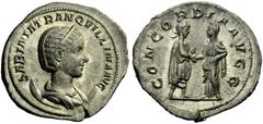 The Roman Empire Tranquillina, wife of Gordian III Antoninianus 241, AR 4.32 g. SABINIA TRANQVILLINA AVG Draped and diademed bust r., set on crescent; hair in horizontal waves and tied in plait on top