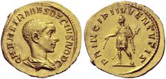 The Roman Empire Herennius Etruscus caesar, son of Trajan Decius, 249 – 251 Aureus 250-251, AV 3.91 g. Q HER ETR MES DECIVS NOB C Youthful bareheaded and draped bust r., seen from behind. Rev. PRINCIP