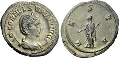 The Roman Empire Cornelia Supera, wife of Aemilian Antoninianus 253, AR 3.70 g. C CORNEL SVPERA AVG Draped and diademed bust r., set on crescent; hair tied in plait on top of head. Rev. VESTA Vesta, d