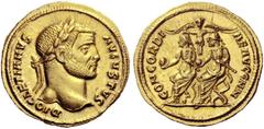 The Roman Empire Diocletian, 284 – 305. Aureus, Antiochia 293, AV 5.42 g. DIOCLETIANVS AVGVSTVS Laureate head r. Rev. CONCORDIAE AVGG NN Diocletian and Maximianus seated l. on curule chairs, each hold
