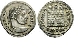The Roman Empire Severus II caesar, 305 – 306 Argenteus, Serdica 305-306, AR 3.59 g. SEVERV – S NOB C Laureate head r. Rev. VIRTVS –MILITVM Camp gate with three turrets, no doors; in exergue, ·SM·SDB·
