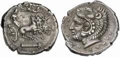 Greek Coins Camarina No.: 59 Schätzpreis - Estimate CHF 24000 d=28 mm Tetradrachm signed by Eche..., circa 410-405, AR 17.50 g. Fast quadriga driven r. by Athena, wearing chiton and Phrygian helmet; s