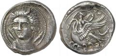 Greek Coins Camarina No.: 60 Schätzpreis - Estimate CHF 65000 d=23 mm Didrachm before 405, AR 8.29 g. Bust of young river-god Hipparis, facing three-quarter l., with horns on forehead and hair flying 