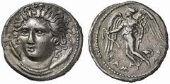 Greek Coins Camarina No.: 61 Schätzpreis - Estimate CHF 10000 d=19 mm Drachm circa 415-405, AR 3.78 g. Bust of the nymph Camarina, facing three-quarter l., hair flying behind in loose curls, wearing e