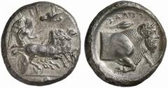 Greek Coins Gela No.: 73 Schätzpreis - Estimate CHF 6000 d=28 mm Tetradrachm circa 415-404, AR 17.02 g. [GELWIWN] Fast quadriga driven r. by Nike, holding kentron and reins; above, eagle flying r. In 