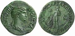The Roman Empire In the name of Antonia, mother of Claudius No.: 359 Schätzpreis - Estimate CHF 7000 d=31 mm Dupondius circa 41-42, æ 13.37 g. ANTONIA – AVGVSTA Draped bust of Antonia r., hair in long