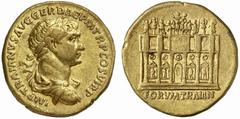 The Roman Empire Trajan, 98 – 117 No.: 445 Schätzpreis - Estimate CHF 15000 d=20 mm Aureus circa 115, AV 7.27 g. IMP TRAIANVS AVG GER DAC P M TR P COS VI P P Laureate, draped and cuirassed bust r. Rev