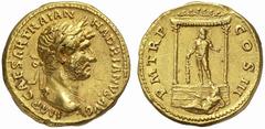 The Roman Empire Hadrian Augustus, 117 – 138 No.: 451 Schätzpreis - Estimate CHF 8000 d=20 mm Aureus circa 119-122, AV 7.33 g. IMP CAESAR TRAIAN HADRIANVS AVG Laureate head r. Rev. P M TR P COS III He