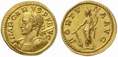 The Roman Empire Carus, 282 – 283 No.: 568 Schätzpreis - Estimate CHF 16000 d=20 mm Aureus, Lugdunum circa 282, AV 3.91 g. IMP CARVS P F A – VG Laureate and cuirassed bust l., holding transverse spear
