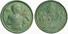 The Roman Empire Contorniate, time of Valentinian I – Gratian No.: 615 Schätzpreis - Estimate CHF 15000 d=39 mm Contorniate circa 364-383, æ 29.76 g. Half-figure of charioteer r., wearing riding gear,