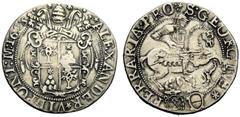 COLLEZIONE GdF DI TESTONI ITALIANI Stato Pontificio Alessandro VII (Fabio Chigi), 7 aprile 1655-22 maggio 1667 Ferrara. Testone 1655, AR 7,53 g. ·–*ALEXANDER*VII*PONT:M:1655 –· Stemma sormontato da tr