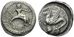 The M.L. Collection of Coins of Magna Graecia and Sicily Calabria, Tarentum Nomos circa 500-490, AR 7.74 g. TARAS retrograde Phalantos seated on dolphin r., holding octopus in r. hand. Rev. TARAS retr