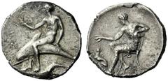 The M.L. Collection of Coins of Magna Graecia and Sicily Calabria, Tarentum Nomos circa 430-425, AR 7.93 g. TAPANTINON retrograde Dolphin rider l., holding strigil in r. hand and with l. on dolphin’s 