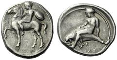 The M.L. Collection of Coins of Magna Graecia and Sicily Calabria, Tarentum Nomos circa 385-380, AR 7.81 g. Horseman l., holding shield and bridle. Rev. Taras seated on dolphin l.; beneath, P / TAPAΣ.
