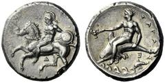 The M.L. Collection of Coins of Magna Graecia and Sicily Calabria, Tarentum Nomos circa 344-340, AR 7.74 g. Helmeted horseman galloping l., holding round shield; beneath horse, Δ. Rev. TAPA – Σ Taras 