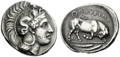 The M.L. Collection of Coins of Magna Graecia and Sicily Thurium Dinomos circa 350-300, AR 15.90 g. Head of Athena r., wearing Attic helmet decorated with Scylla holding trident. Rev. ΘOΥΡIΩN Bull but