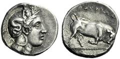 The M.L. Collection of Coins of Magna Graecia and Sicily Thurium Nomos circa 375-350, AR 7.69 g. Head of Athena r., wearing Attic helmet decorated with Scylla; behind neck-guard, A. Rev. ΘOΥΡIΩN Bull 