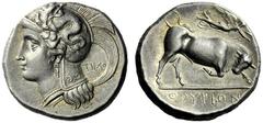 The M.L. Collection of Coins of Magna Graecia and Sicily Thurium Nomos circa 300-280, AR 7.90 g. Head of Athena l., wearing crested Attic helmet decorated with Scylla pointing r. hand and holding rudd