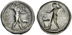 The M.L. Collection of Coins of Magna Graecia and Sicily Bruttium, Caulonia Nomos circa 525-500, AR 8.53 g. KAVΛ Apollo, diademed, walking r., holding laurel branch in upraised r. hand and small runni