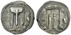 The M.L. Collection of Coins of Magna Graecia and Sicily Bruttium, Caulonia Nomos circa 500-480, AR 8.06 g. (koppa)ΡO Tripod with legs ending in lion paws; in r. field, marsh bird standing l. Rev. The