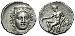 The M.L. Collection of Coins of Magna Graecia and Sicily Croton Nomos circa 380-350, AR 7.78 g. Head of Hera Lacinia facing, wearing decorated stephane. Rev. [KRO] – TWNI – ATAN Young Heracles seated 
