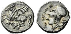 The M.L. Collection of Coins of Magna Graecia and Sicily Croton Corinthian stater circa 317-310, AR 8.77 g. Pegasus flying l.; below, thunderbolt. Rev. ΛOKΡΩN Head of Athena l., wearing Corinthian hel