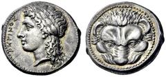 The M.L. Collection of Coins of Magna Graecia and Sicily Rhegium Tetradrachm circa 300-280, AR 17.29 g. PHΓINOΣ Laureate head of Apollo l., long hair falling in curls over neck. Rev. Lion's head facin
