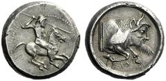 The M.L. Collection of Coins of Magna Graecia and Sicily Gela Didrachm circa 490-480, AR 8.75 g. Horseman galloping r., hurling javelin. Rev. Forepart of man-headed bull r.; below, CEΛAΣ. Boston 244 (