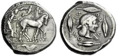 The M.L. Collection of Coins of Magna Graecia and Sicily Leontini Tetradrachm circa 465, AR 17.19 g. Slow quadriga driven r. by charioteer, holding reins and kentron ; in field above, Nike flying r. t