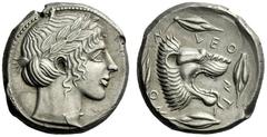 The M.L. Collection of Coins of Magna Graecia and Sicily Leontini Tetradrachm circa 450, AR 17.22 g. Laureate head of Apollo r. Rev. LEO – NT – I – NO – N Lion’s head r., with jaws open and tongue pro