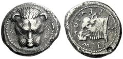 The M.L. Collection of Coins of Magna Graecia and Sicily Messana Tetradrachm circa 488-481, AR 16.96 g. Lion’s mask facing. Rev. ME - Σ - Σ - ENION Calf head l. Jameson 644 (this coin). SNG Lloyd 1083