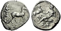 The M.L. Collection of Coins of Magna Graecia and Sicily Messana Tetradrachm circa 420-413, AR 17.13 g. MEΣΣANA Slow biga of mules driven r. by charioteer, holding reins and kentron ; in exergue, two 