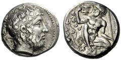The M.L. Collection of Coins of Magna Graecia and Sicily Naxos Tetradrachm, circa 415, AR 17.07 g. Bearded head of Dionysus r., hair bound with stephane adorned with ivy-wreath. Rev. Bearded, naked Si